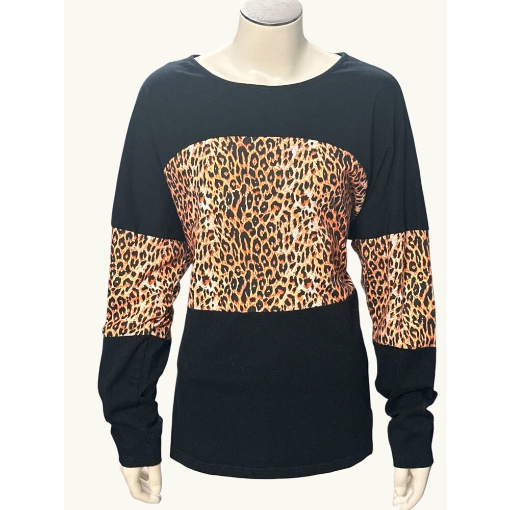 Color Block Pullover Blouse Leopard Print Tunic Raglan Long Sleeve Casual Loose